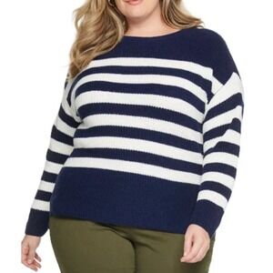 Croft & Barrow Womens 1X Shaker Stitch Sweater Rugby Stripe Navy White Nautical